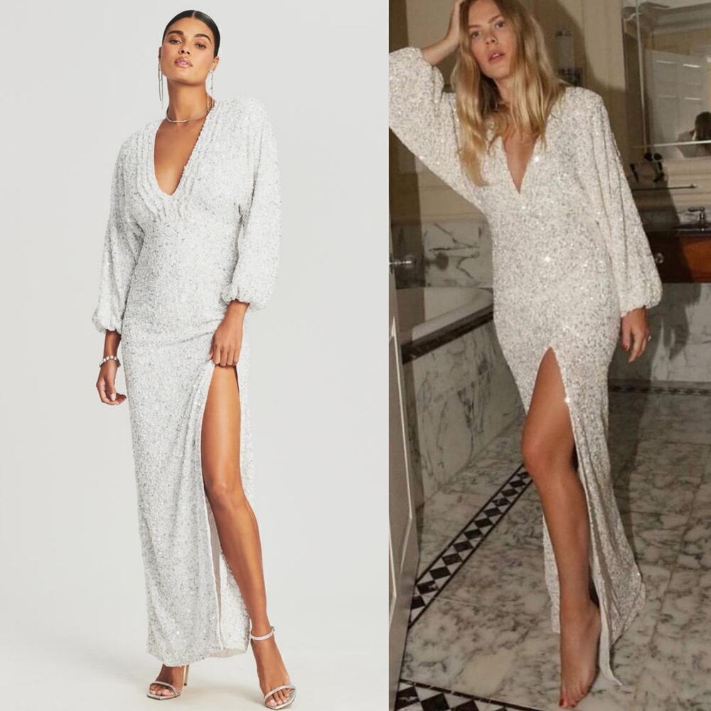 Retrofête White Sequin Maxi Dress XS NWT Bridal Wedding Reception Gown Slit - Picture 7 of 10